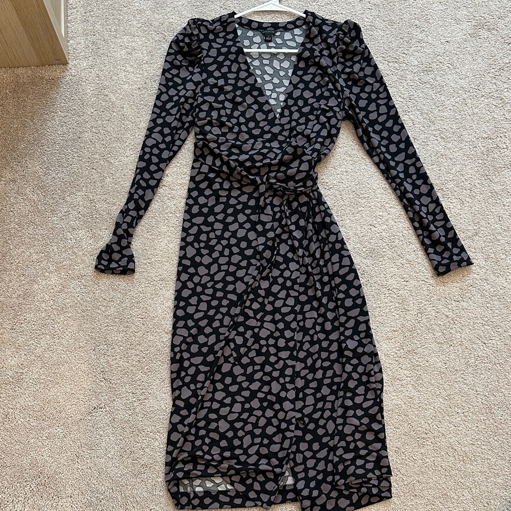 Ann Taylor 4 Long Sleeve V Neck Wrap Dress Grey Black